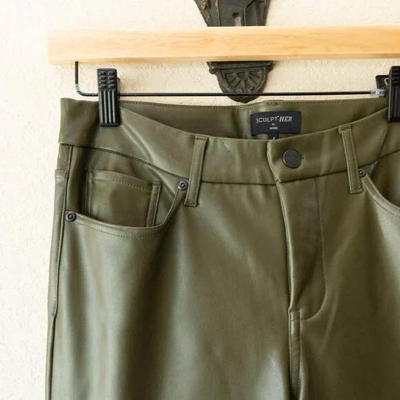 NYDJ Sculpt-Her Olive Faux Leather Straight Leg Pants Lift Tuck Women Size 4